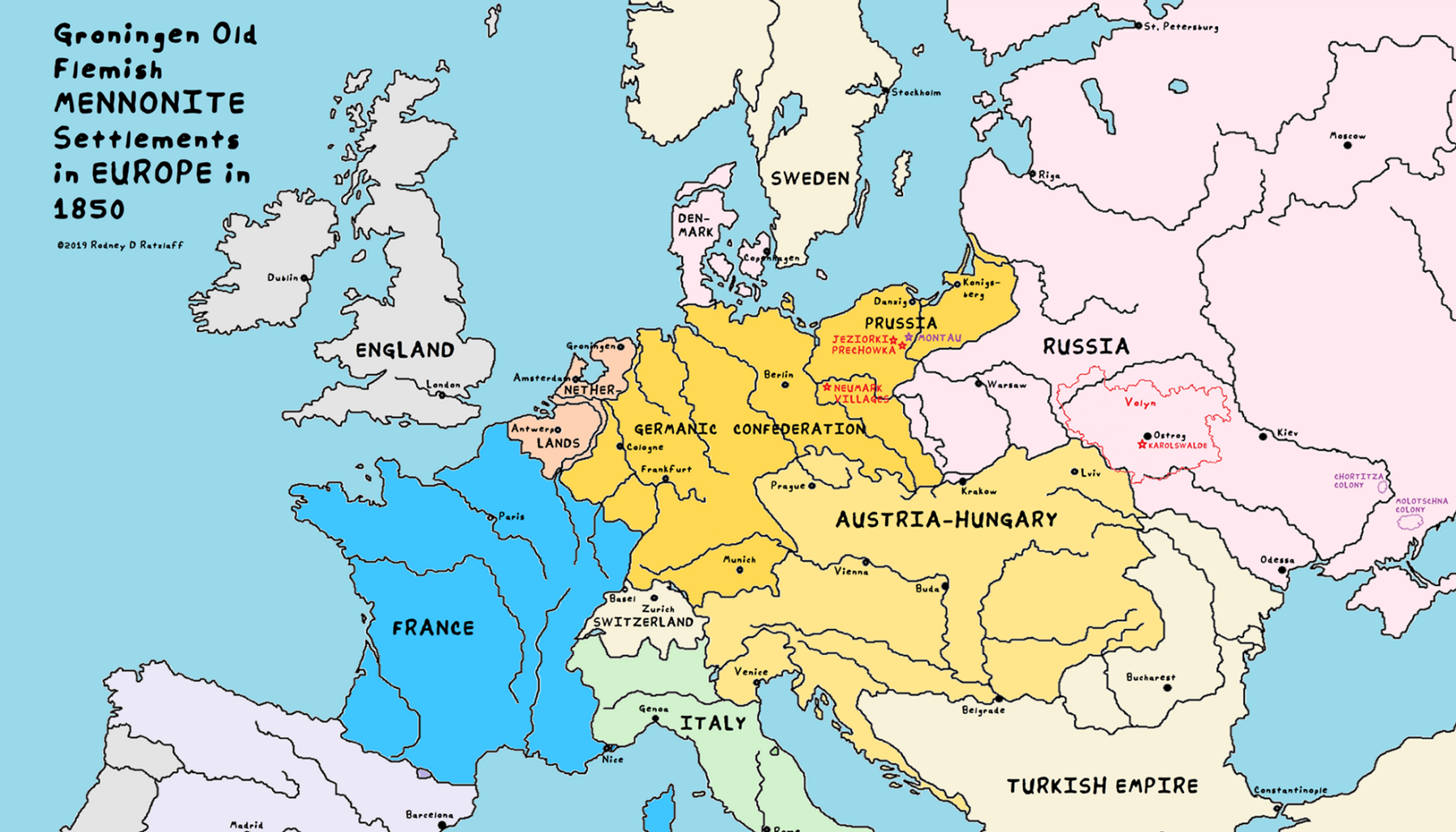 Europe about 1850 showing location of Volyn Gubernia within the Russian Empire ©Rodney D. Ratzlaff, 2019.