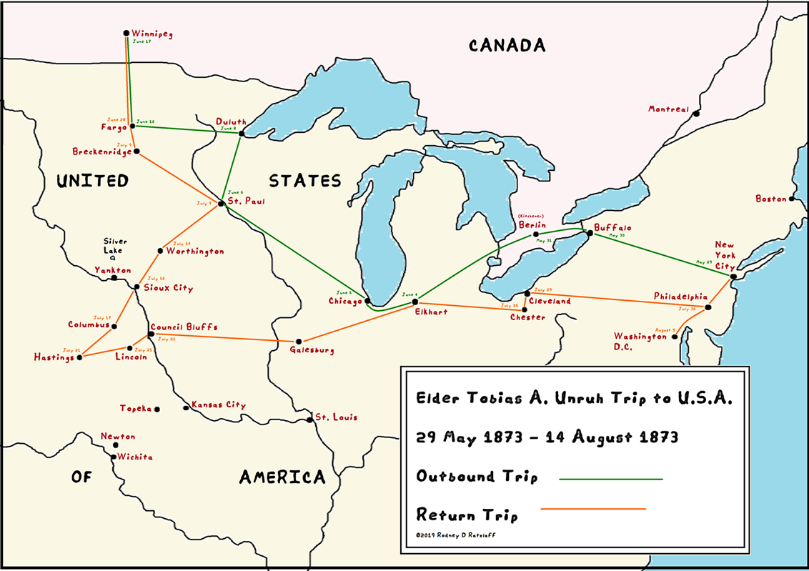 Elder Tobias Unruh’s route, 1873, based upon information in his personal diaries. ©Rodney D. Ratzlaff, 2019.