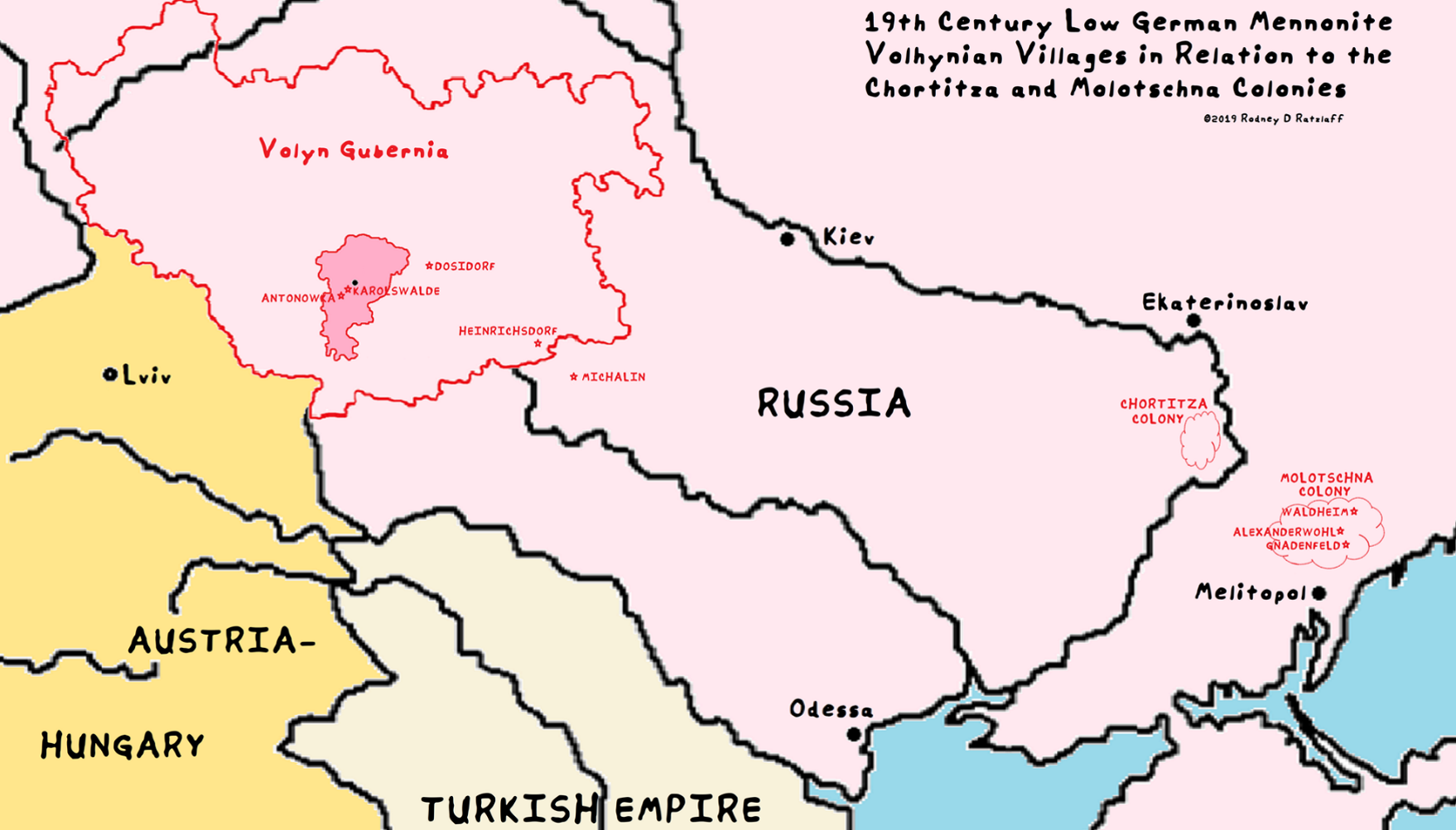 Volhynian villages in relation to Chortitza and Molotschna Colonies, ©Rodney D. Ratzlaff, 2019.