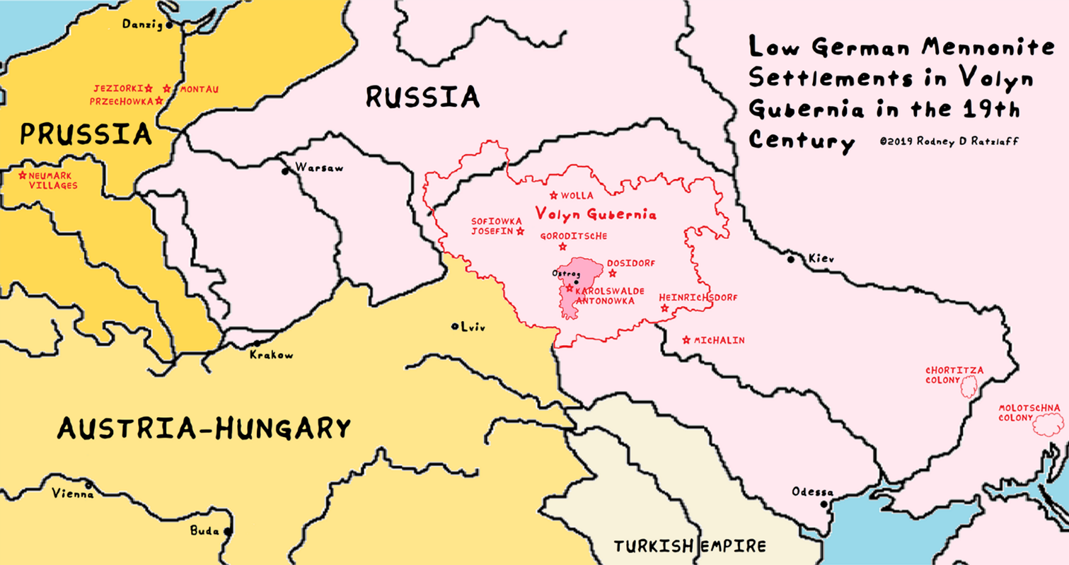 Mennonite settlements in Volyn Gubernia in relation to settlements in West Prussia and South Ukraine, ©Rodney D. Ratzlaff, 2019.