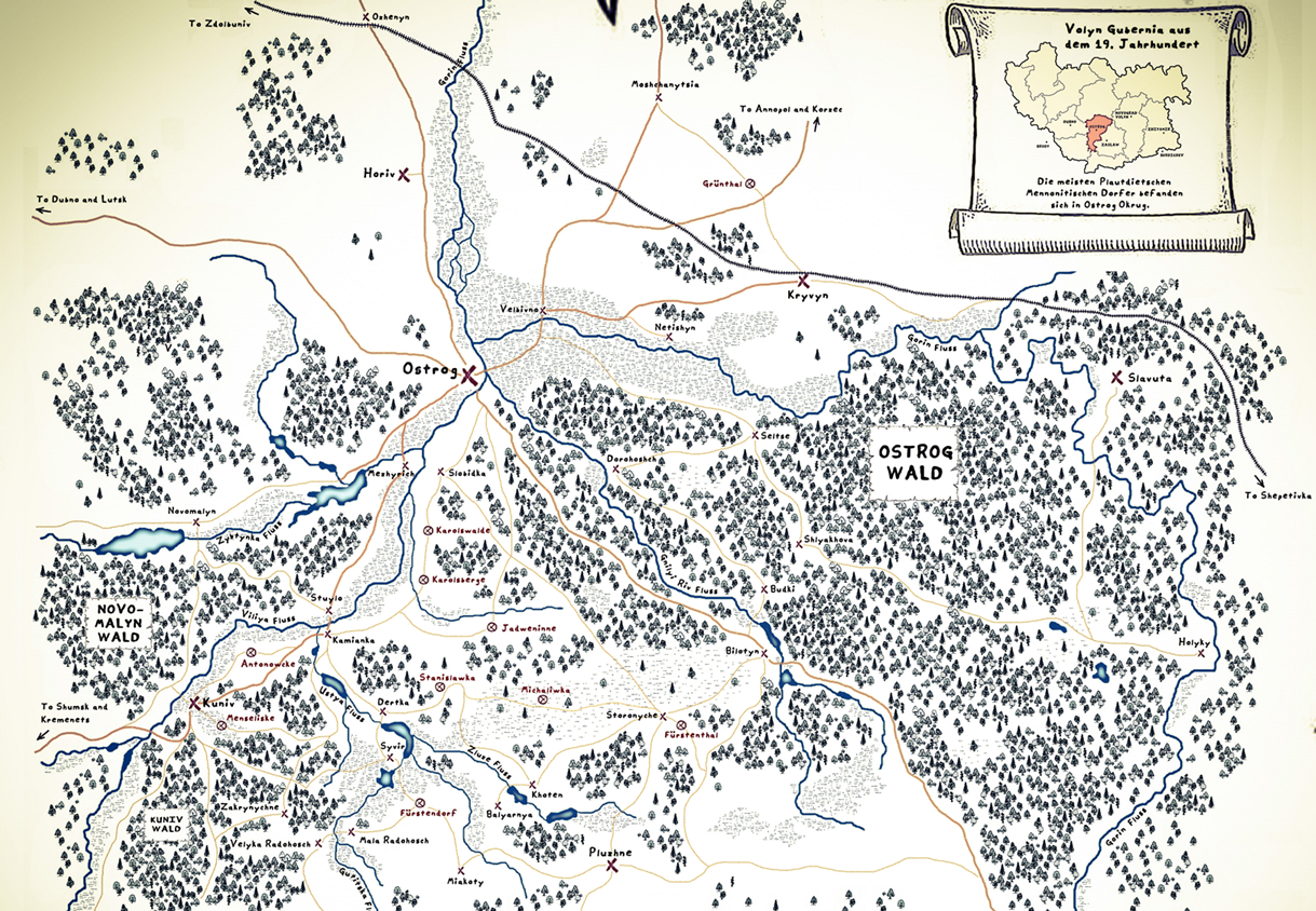 Mennonite settlements in Volyn Gubernia in relation to settlements in West Prussia and South Ukraine, ©Rodney D. Ratzlaff, 2019.